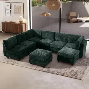 4-8 Seat Modular Sectional Sofa with Storage Convertible Sectional Couch Modular Sofa with Chaise Living Room Furniture Sets, L Shaped Couch with Ottoman Couches for Living Room Green Textured