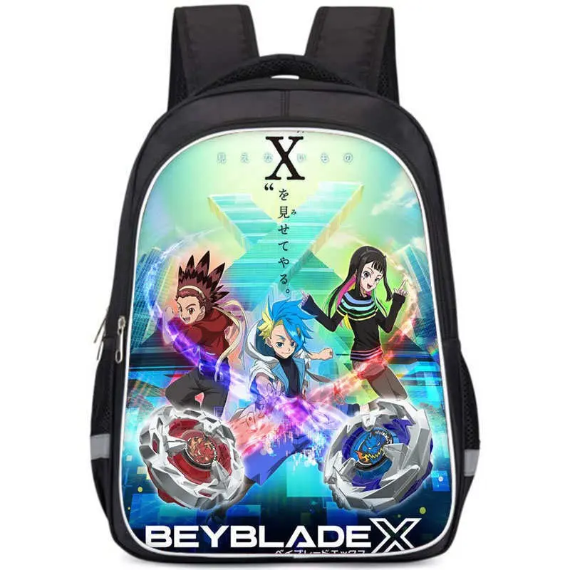 Men's Beyblade X Anime Printed Oxford Cloth Backpack, Large Capacity Casual School Daypack with Side Mesh Water Bottle Pocket, Multi-Zipper Compartments, Breathable Padded Shoulder Straps, Wear-Resistant Fabric