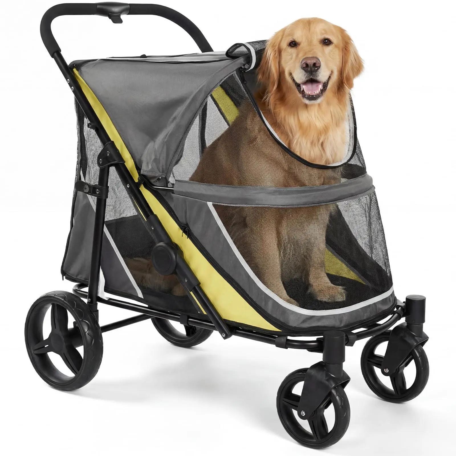 3.6x2.3x3.5Ft All-Terrain Dog Stroller for Large and Medium Pets, Compact Fold Dual Entry Wagon with One-Foot Brake and Breathable Mesh, Supports Up to 130 Lbs