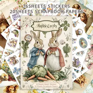 36 Sheets Easter Bunny Craft Kit – 16 Sheets Washi Stickers & 20 Sheets Scrapbook Paper for DIY Journals, Scrapbooking, Planners & Holiday Crafts (2025 New)