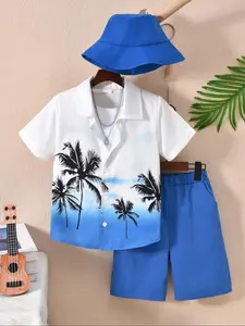 Three-piece Set Boy's Palm Tree Print Short Sleeve Top  & Shorts & Hat Set, Casual Summer Outfits Beachwear Clothes for Kids, Kids Clothing for Beach Vacation Holiday