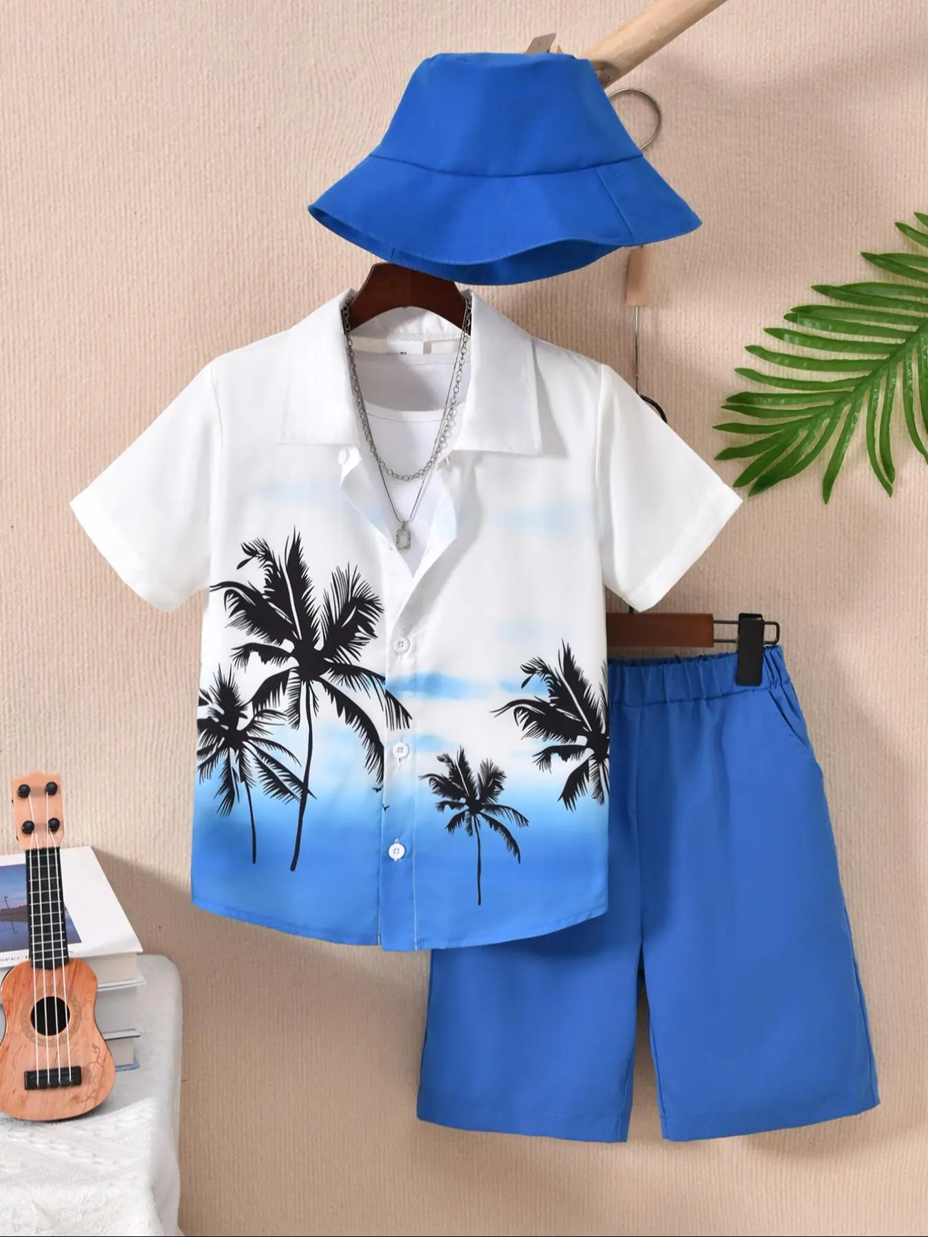 Three-piece Set Boy's Palm Tree Print Short Sleeve Top & Shorts & Hat Set, Casual Summer Outfits Clothes for Kids, Kids Clothing for Beach Vacation H