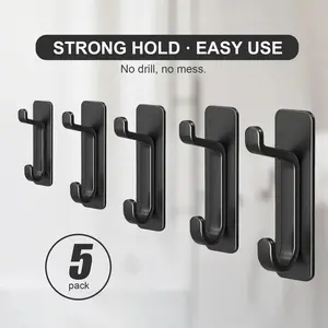 5-Piece Plastic Self-Adhesive Wall Hooks, Waterproof Dual Hook Design, Strong Adhesive for Bathroom Kitchen Door Towel Key Clothing Storage, Bathroom Organizing Accessories