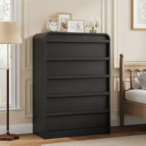 Garvee Arched 5 Drawer Dresser for Bedroom, 45in Tall Wooden 5 Chest of Drawers with Curved Profile Design, Modern Closet Storage Organizer for Living Room, Entryway, Nursery - Black