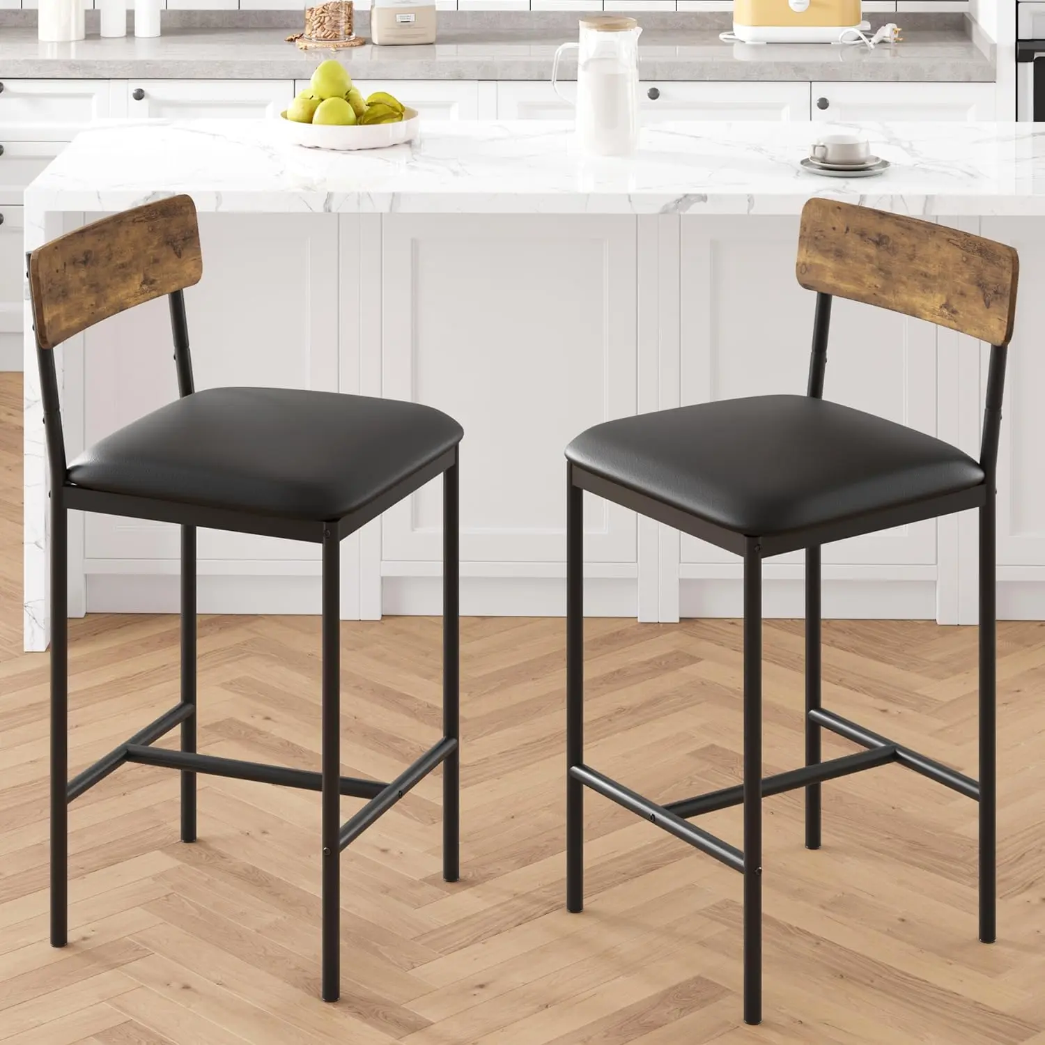 Gaomon Modern Counter Stools, 2-Piece Set - 12" Backrest Height, 350 lbs Weight Capacity, PU Leather Padded Seat, H-Frame Base with Footrest, Easy Assembly, Brown for Kitchen Island Counter Bar