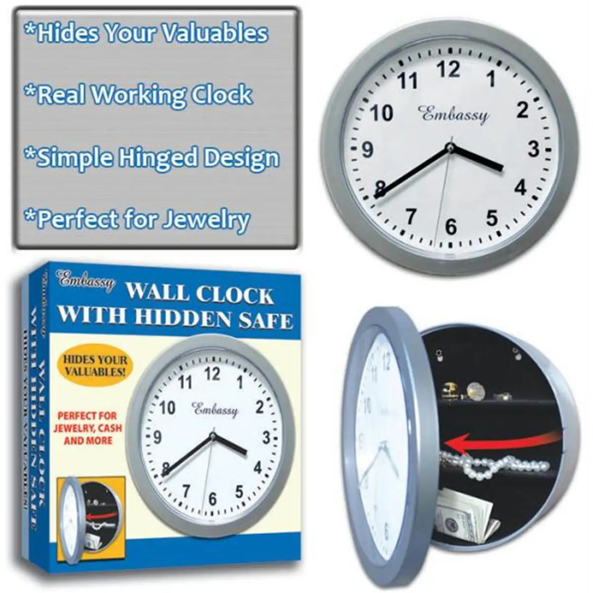 212 MAIN Silver Wall Clock with Hidden Safe, 10x10 in, Simple Hinge, Valuable Storage, Office Stationery Decor