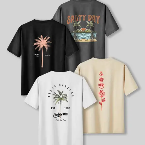 Men's Palm Tree & Letter Print Tropical Short Sleeve Graphic Casual Beach Tee, Regular Fit Casual Streetwear Round Neck T-shirt for Summer, Men's Top for Daily Wear, Menswear, Casual Summer Clothing, Casual Style Tee