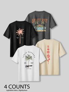 men's palm tree & letter print short sleeve graphic tee, regular fit casual street round neck t-shirt for summer, t shirts for men, men's top for daily wear, vintage tees