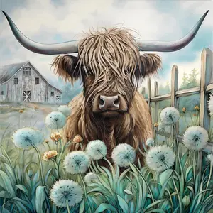 Highland Cow Dandelion Diamond Painting Kit - Farmhouse Rhinestone Art, Full Drill DIY Wall Decor