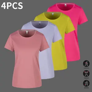 Set of 4 women’s crew-neck short-sleeve T-shirts, solid color, suitable for spring and summer casual and formal wear, elegant and breathable, transitional weather clothing, Middle Eastern style, comfortable