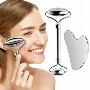 LMMAKE Face Roller and Gua Sha Set - Stainless Steel Facial Roller & Guasha Tool for Anti-Aging, Wrinkles, Lifting, Eyes, Neck Tighten - Daily Use, Multipurpose Gift