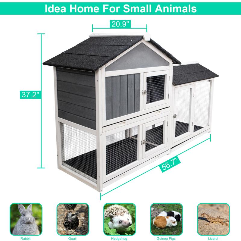 Large Multi-Level Wooden Rabbit Hutch with Run, Spacious Indoor/Outdoor Bunny Cage, Removable Tray for Easy Cleaning, Pet House for Rabbits, Guinea Pigs & Small Animals