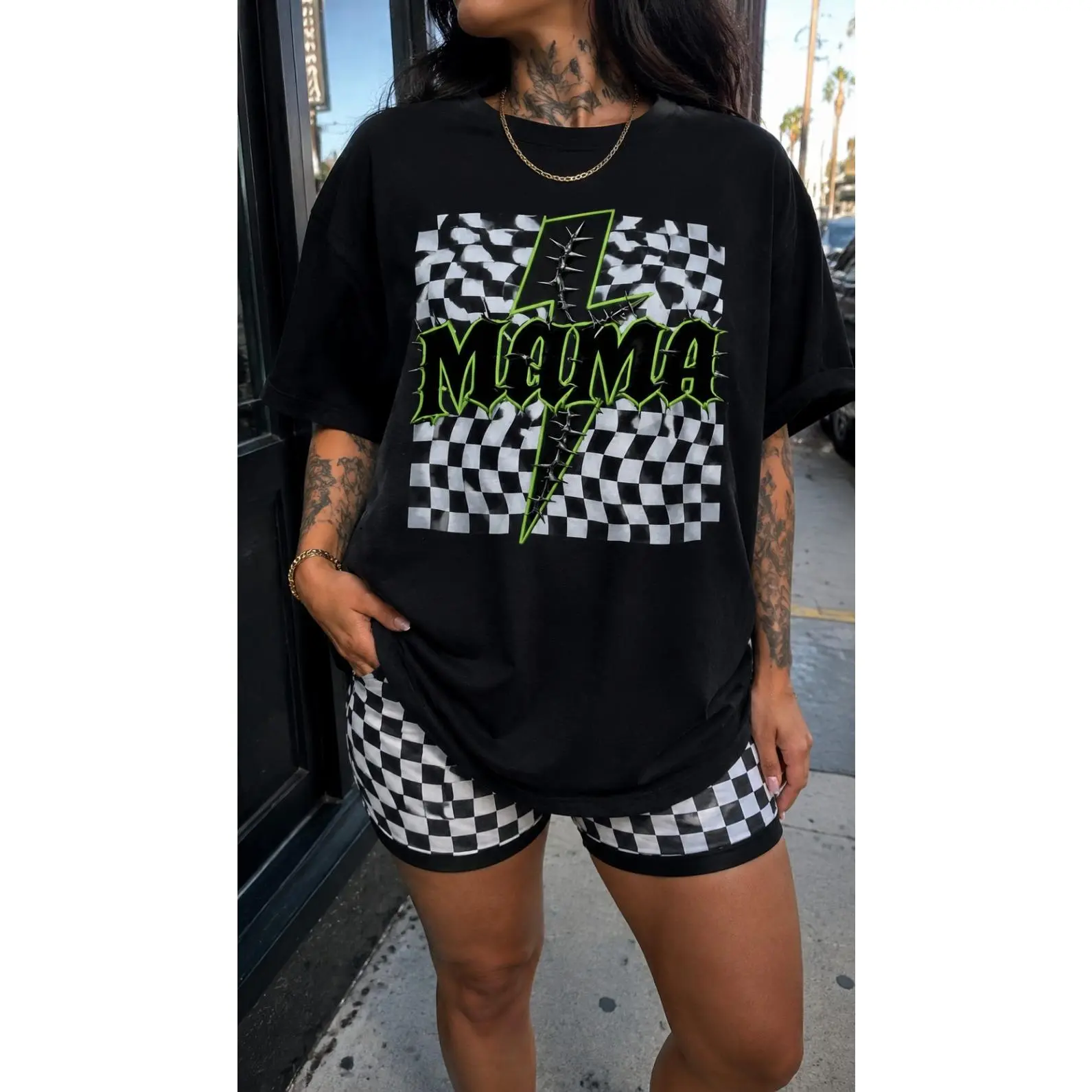 Checkered Lightning Bolt Mama Graphic Oversized T Shirt Y2k Punk Streetwear Black Short Sleeve Tops For Women Casual Summer Daily Outfit Soft Comfortable Mom Gift