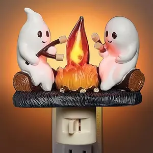 Ghost Campfire Nightlight,2024 Halloween Night Light Flickering,3D LED Fake Fire Spooky Wall Decor Ghost Roasting Marshmallow Plug,Lamp,Halloween Flameless Candle Party Decoration