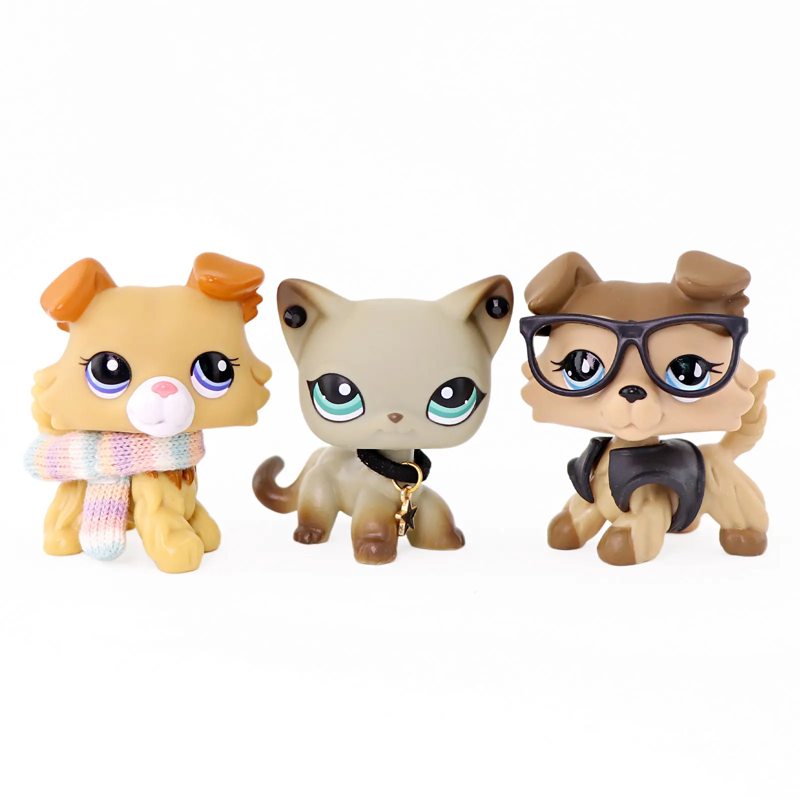 3 Pcs Mini Cartoon Pet Figurines Set, Big Eye Fluffy Puppy Siamese Cat & Terrier Dog Figures with Knitted Scarf, Star Pendant Collar, Glasses Vest Accessories, Collectible Mini Animal Toys Cake Topper Desk Decor Kids Gift