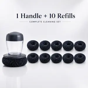 11-Piece Long-Lasting Soap Dispensing Dish Brush Set, Refillable Palm Scrub Brush with 10 Replaceable Heads for Kitchen, Stainless Steel Grill and Cookware Cleaning