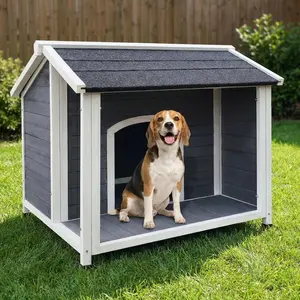 Wooden Outdoor Dog House with Spacious Porch, Weatherproof Small to Medium Dog House Outdoor for Backyard & Patio, Elevated Pet Shelter Outside Dog House, Easy to Clean, Casa Para Perros (Under 40lbs)
