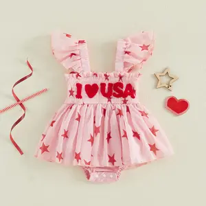 Baby Girl 4th of July Outfits Newborn Smocked Bubble Romper Skirt Dress Ruffle American Flag Memorial Day Outfit