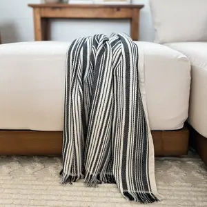 Juniper %100 Cotton Turkish Throw - Black and White Striped Design, Soft and Cozy, Ideal for Covers and Pillows