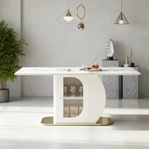 63" Modern Dining Table for 4-6 People, Sintered Stone Tabletop with Golden Solid Wood Base, Kitchen Dining Table with Storage Shelf & Acrylic Door Cabinet, Space Saving Furniture Perfect for Apartments Small Spaces & Daily Family Use