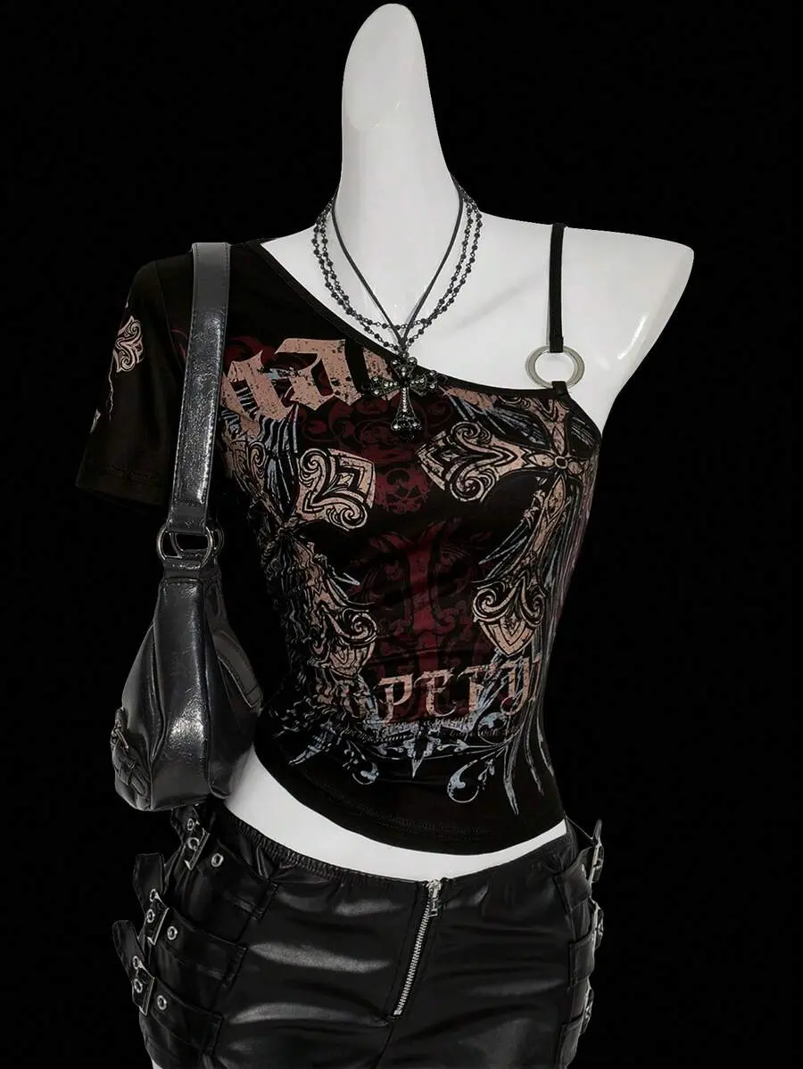 VELORA x ICON Y2k Women's Fall/Winter Goth Gothic Grunge Rock Cross Print Asymmetric Collar Top Gothic Women Clothes Punk Tops Buckle Top