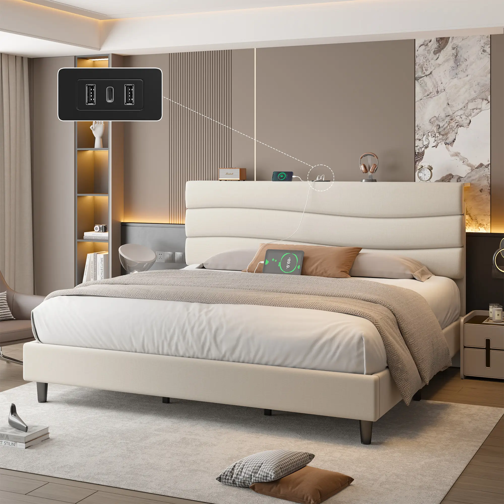 Raybee Upholstered Bed Frame Queen Size with Adjustable Headboard & Storage Shelf & USB Charging Noise-Free, Soft Bed Frames for Queen,Twin, King,Beig