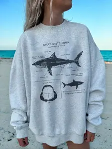 Women's Casual Pullover Sweatshirt with Shark Print, Stylish and Comfortable Everyday Wear, Perfect for Fall and Winter