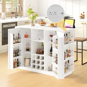 47.2" Multi-functional Extendable Kitchen Island with Drop Leaf, Built-in Power Outlet, Home Coffee Bar Wine Cabinet with Bottle Rack & Glass Holder, 2-Door Buffet Sideboard with Open Side Storage Shelves, Water-resistant Easy Clean MDF, Space Saving