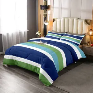 Green Blue Striped Boys Comforter Set,Navy Blue Turquoise Stripes Bedding Sets,Patchwork Ombre Lightweight Soft Down Alternative Comforter
