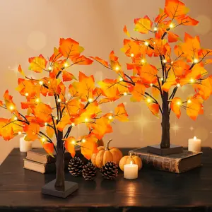 Fall Decor 2 Pack Artificial Maple Trees with 48 LED Lights Battery Operated for Thanksgiving Wedding Party Gifts Indoor Outdoor Autumn Home Decor Ornaments Rustic Fall Artificial Flower Arrangements