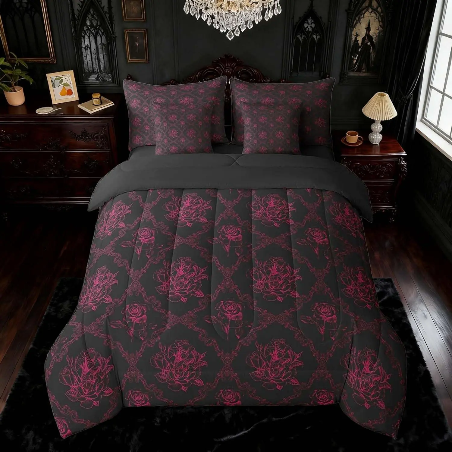 Adults Gothic 7 Pieces Bedding Set Vintage Rose Comforter Set with Sheets Pink Black Damask Bed in a Bag Luxury Floral Flower Bed Set