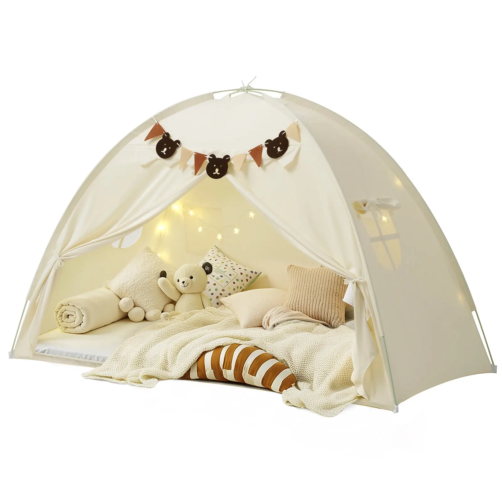 Kids' Dream Playhouse Tent for Twin Bed, Breathable Sleeping Tent, with Stars Lights & Flags