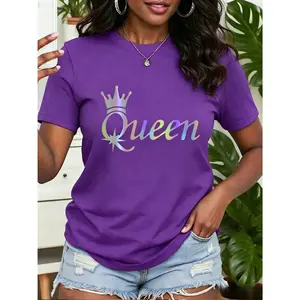 Women's short-sleeve top Queen Crown Queen print round neck, comfortable, soft, breathable, suitable for spring, summer, and autumn, versatile women's top
