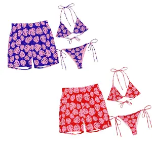 Tropical Monstera Matching Couple Swimwear, Blue & Red Floral Print His & Hers Bikini Trunks Set, Cute Beach Couple Gift