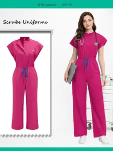 Multicolor Surgical Jumpsuit One-piece Clinical Scrub Medical Doctor Nursing Uniforms Short Sleeve Pocket Pet Hospital Workwear