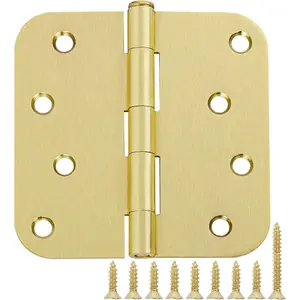 4 Inch 3 Pack Noise-Free Brass Door Hinges, Rounded 5/8" Radius Heavy Duty Steel Hinges for Residential Commercial Interior Exterior Doors, Fit for Front Bedroom Bi-folding Double French Garage Gate Doors