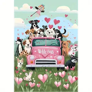 Valentine's Day Dog-Themed Garden Banner Durable Polyester Romantic Dog Illustrations Pink Car Hearts Flowers Design Perfect for Outdoor Decor Outdoor Decor Romantic Theme Durable Polyester Banner Dog Lover Gifts