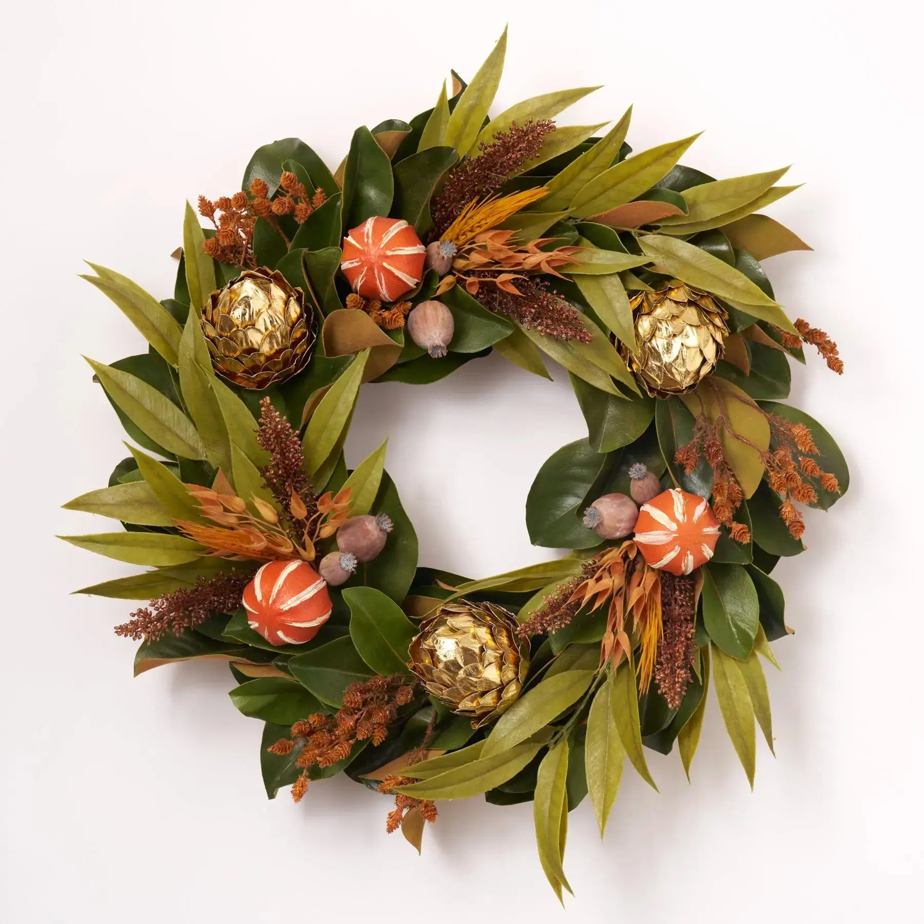 Chateau Harvest - Dried Look Orange Eucalyptus, Purple Artichoke, Wheat & Mini Cone with Real Touch Magnolia Leaves Fall Front Door Wreath