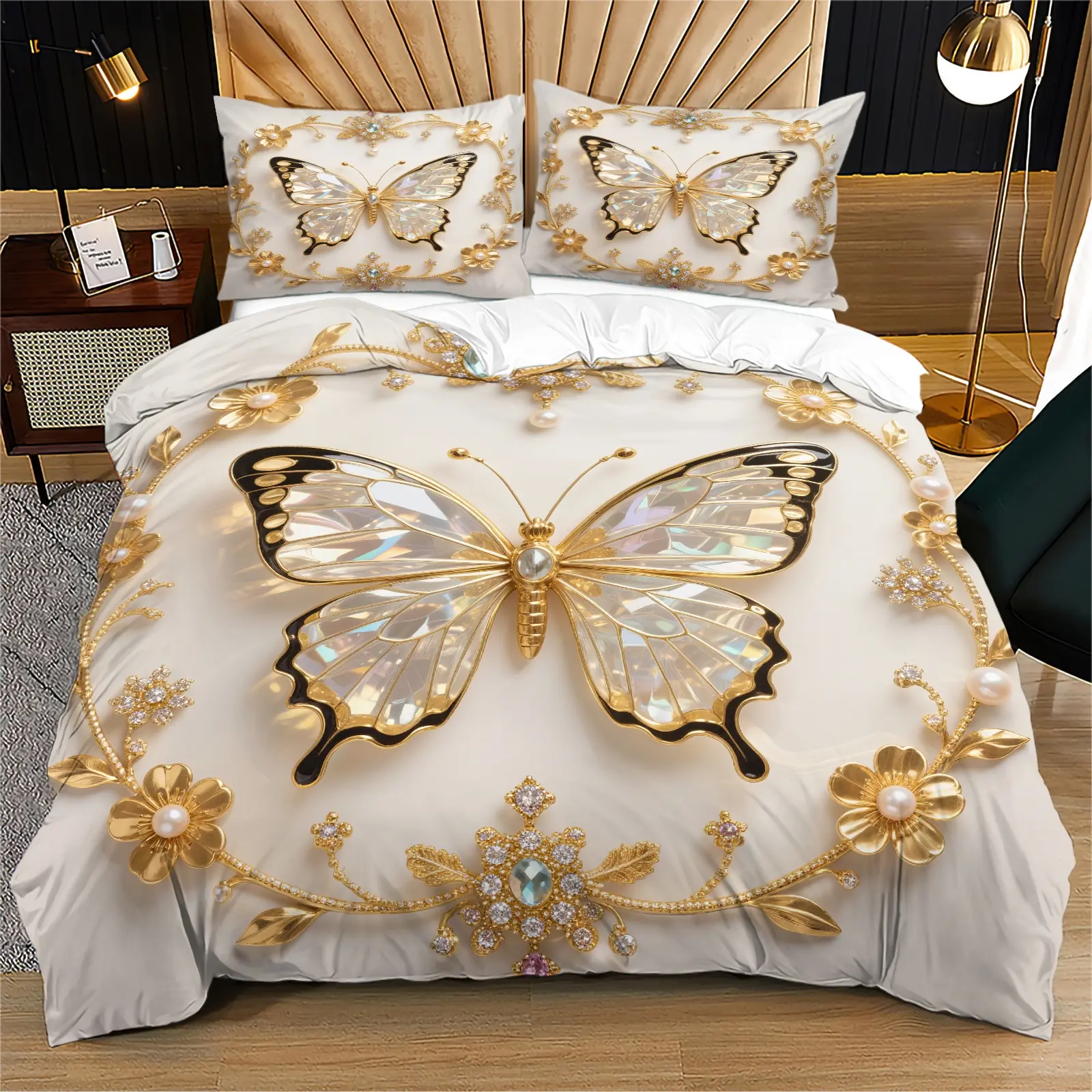 Butterfly-Patterned Decorative Bedding Set — 2/3-Piece Jewel-Print Duvet Cover Set. Full-Size Design Fits Most Bed Types; Offers Luxurious, Aesthetic Bedroom Decor That Is Soft and Breathable. Includes 1 Comforter Cover and 1 Or 2 Pillowcases.