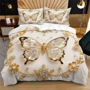 Butterfly-Patterned Bedding Set — 2/3-Piece Jewel-Print Duvet Cover Set. Full-Size Design Fits Most Bed Types; Offers Luxurious, Aesthetic Bedroom Decor That Is Soft and Breathable. Includes 1 Comforter Cover and 1 Or 2 Pillowcases.