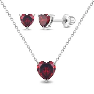 Simulated Prong Birthstone Garnet Kids / Teen Jewelry Set - Sterling Silver