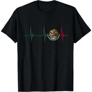 Men's 100% Cotton Short-Sleeve Round Neck Vintage Graphic T-Shirt - Casual Streetwear Top, Mexico Heartbeat EKG Pulse, Mexican Pride Emblem, Mexico Flag, Comfortable Fit, All Seasons Menswear