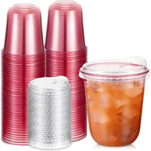 50 count Round Bottom Plastic Cups with Sip  Clear Disposable Iced Coffee Cups for Smoothie Cold Beverage Coffee Shops and Party Catering(12 oz,)