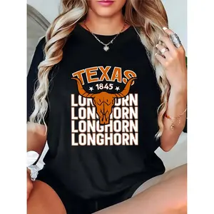 Women’s Texas Longhorn 1845 Repeated Graphic T - Shirt, Casual Western Cowboy Skull Print Tee for Daily Wear & Texas - Themed Events, Black