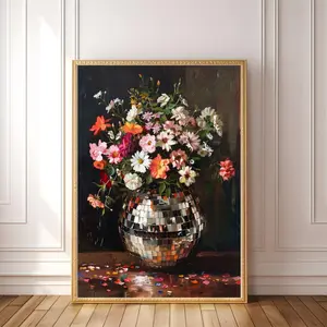 PRINTABLE Disco Ball Moody Florals, Maximalist Funky Art Poster, Indie Art, Dark Cottagecore, Retro Eclectic