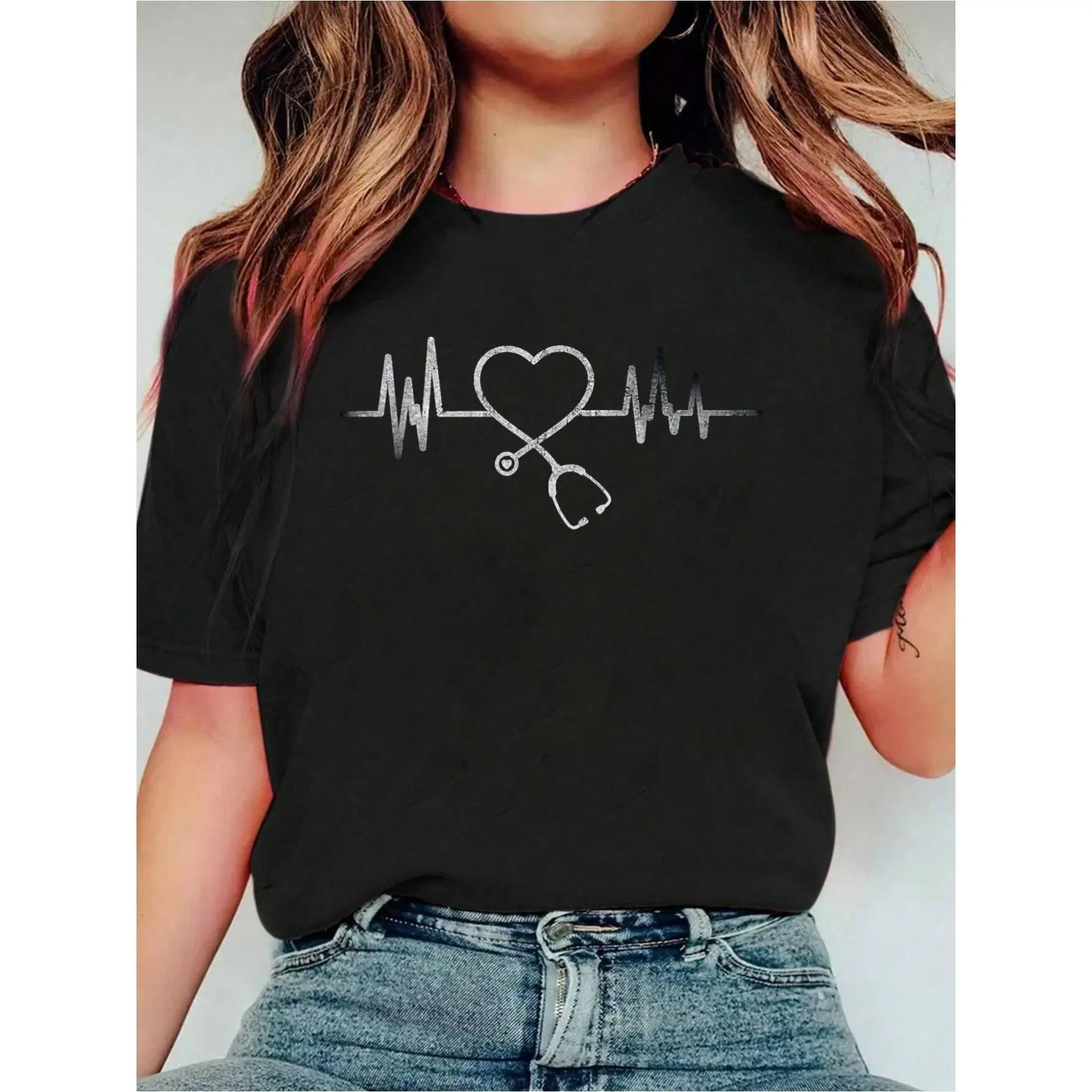 Medical Nursing Heartbeat Stethoscope Love Nurse G Print Crew Neck Casual T-Shirt Short Sleeve Sports Top. Smart CasualStreet Style Women's Clothing graphic tees women crop tops summer outfits for women summer tops T-Shirt
