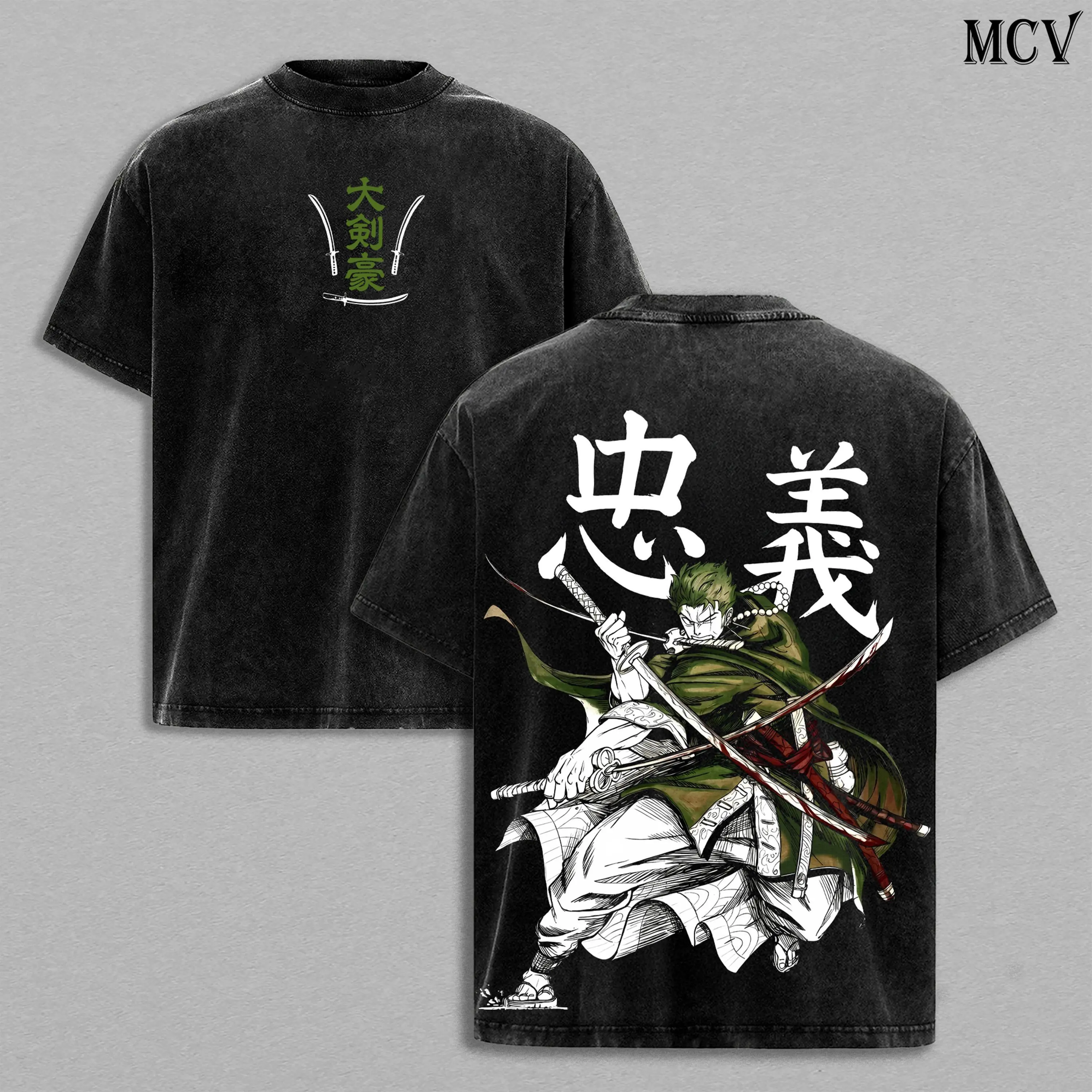 Men's Oversized Vintage Washed Zoro 3-Sword Graphic Heavy Cotton Short-Sleeve Round Neck T-Shirt - Anime Manga Streetwear Menswear for Samurai Enthusiasts, Gym Use, Shortsleeve, Casual, Top, Tshirt