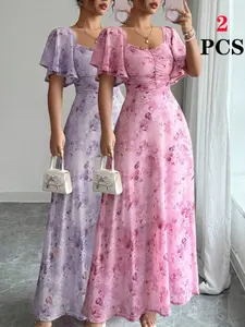 2026 Trending Women's Summer Dress, Sweet Ruffle Chiffon Bohemian Butterfly Floral Wedding Guest Dress