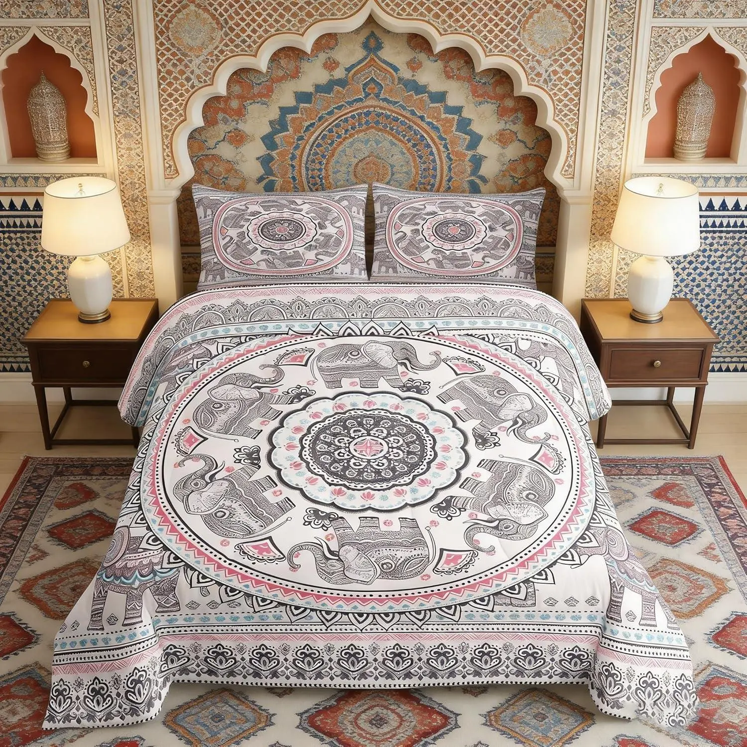 Bohemian Comforter Set,Boho Elephant Print Bedding Set for Kids Boys Girls Room Decor,Chic Floral Mandala Quilt Set,Exotic Flower Animal Print Duvet Set