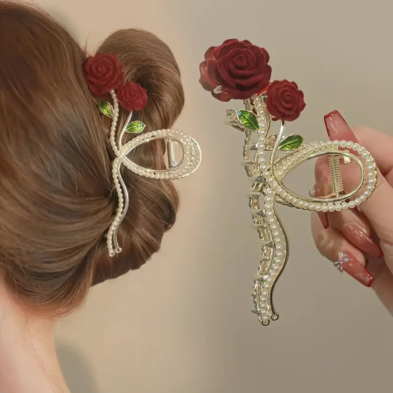 Elegant Rose Faux Pearl Claw Clip for Women, Non-Slip Alloy Hair Accessory for Styling, Daily Wear Valentine's Day Gift, Hair Clips For Styling